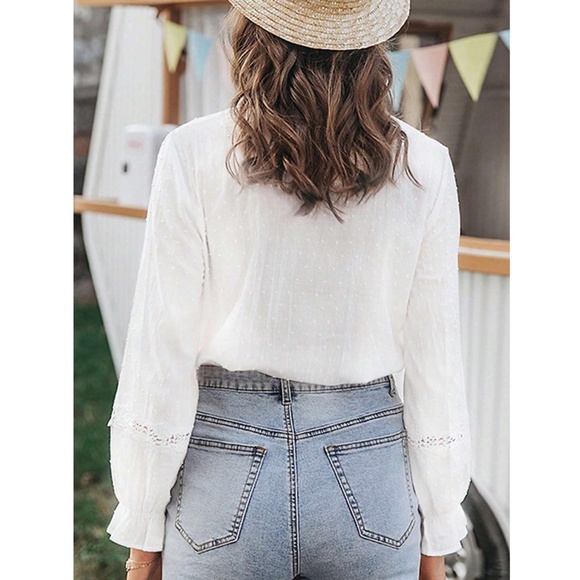 White Swiss Dot Flower Crochet Details Long Sleeve Button Down Shirt - Picture 3 of 5